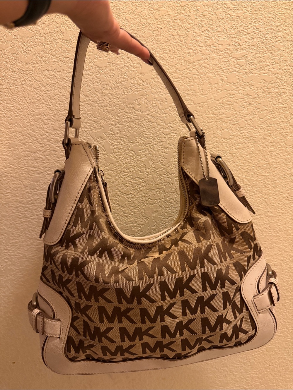 Michael Kors Monogram Shoulder Bag in Brown & White